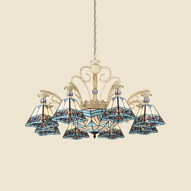 Baroque Stained Glass Pyramid Chandelier with 11 Blue Lights - Elegant Ceiling Suspension Lamp