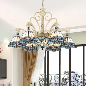 Baroque Stained Glass Pyramid Chandelier with 11 Blue Lights - Elegant Ceiling Suspension Lamp