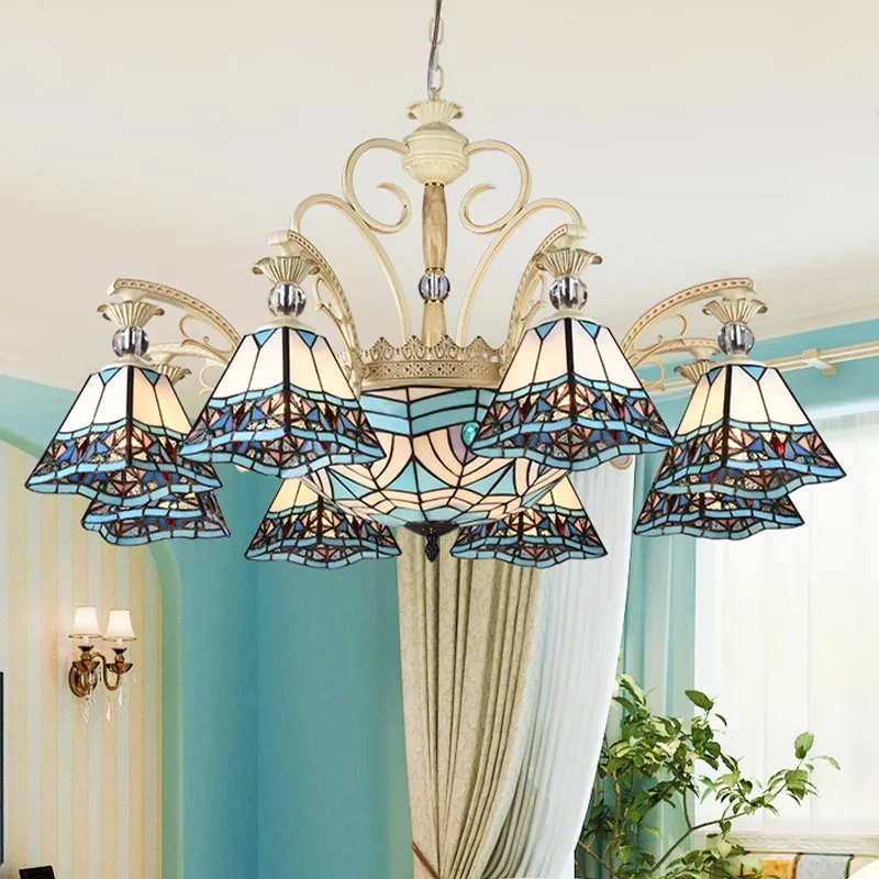 Baroque Stained Glass Pyramid Chandelier with 11 Blue Lights - Elegant Ceiling Suspension Lamp