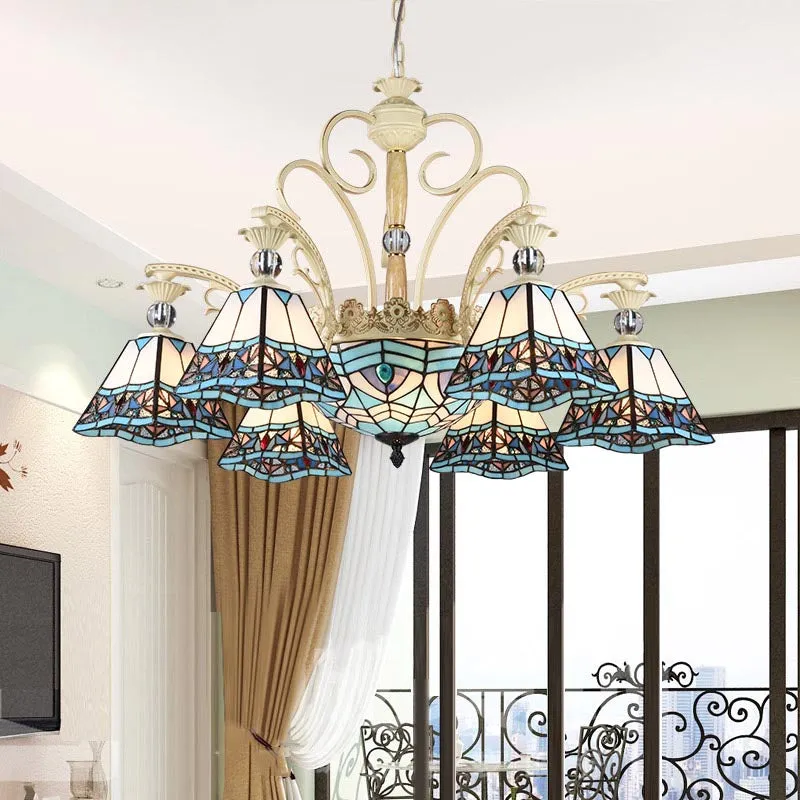 Baroque Stained Glass Pyramid Chandelier with 11 Blue Lights - Elegant Ceiling Suspension Lamp