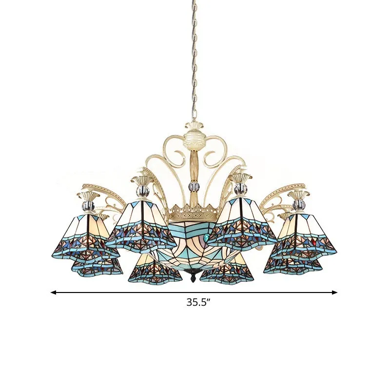Baroque Stained Glass Pyramid Chandelier with 11 Blue Lights - Elegant Ceiling Suspension Lamp