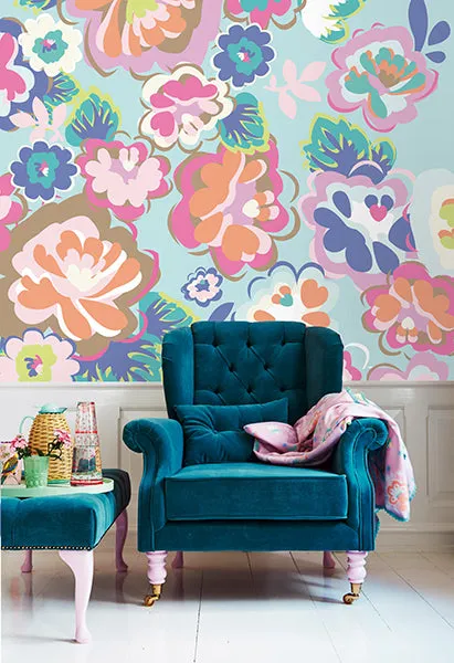 Blue English Country Floral Dream Wall Mural from the Eijffinger Rice Collection