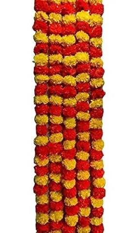 Business Buzz Genda Phool | Artificial Marigold Fluffy Flower/Genda Phool Garlands | for Diwali, Navratri, Festival Office Decoration 5 Feet app. - Yellow and Orange Color - 3 String