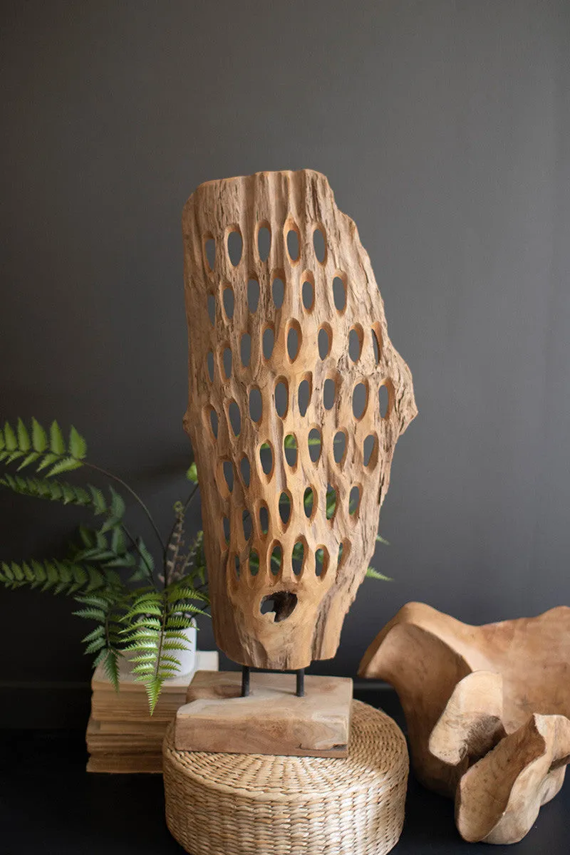 Carved Teak Wood Scuplture On A Base - Perforated By Kalalou