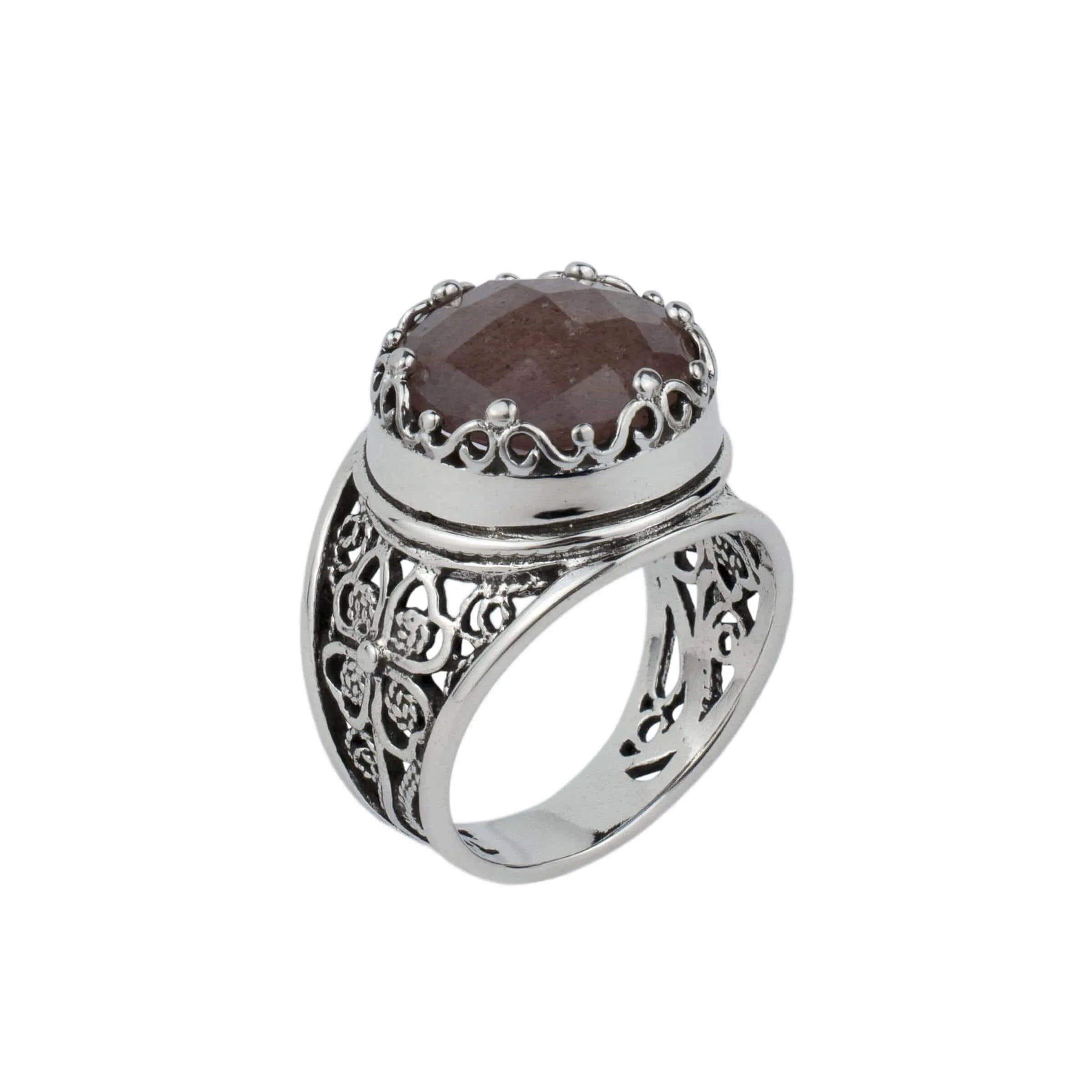 Cherry Quartz Filigree Crown Ring - Sterling Silver Statement Jewelry