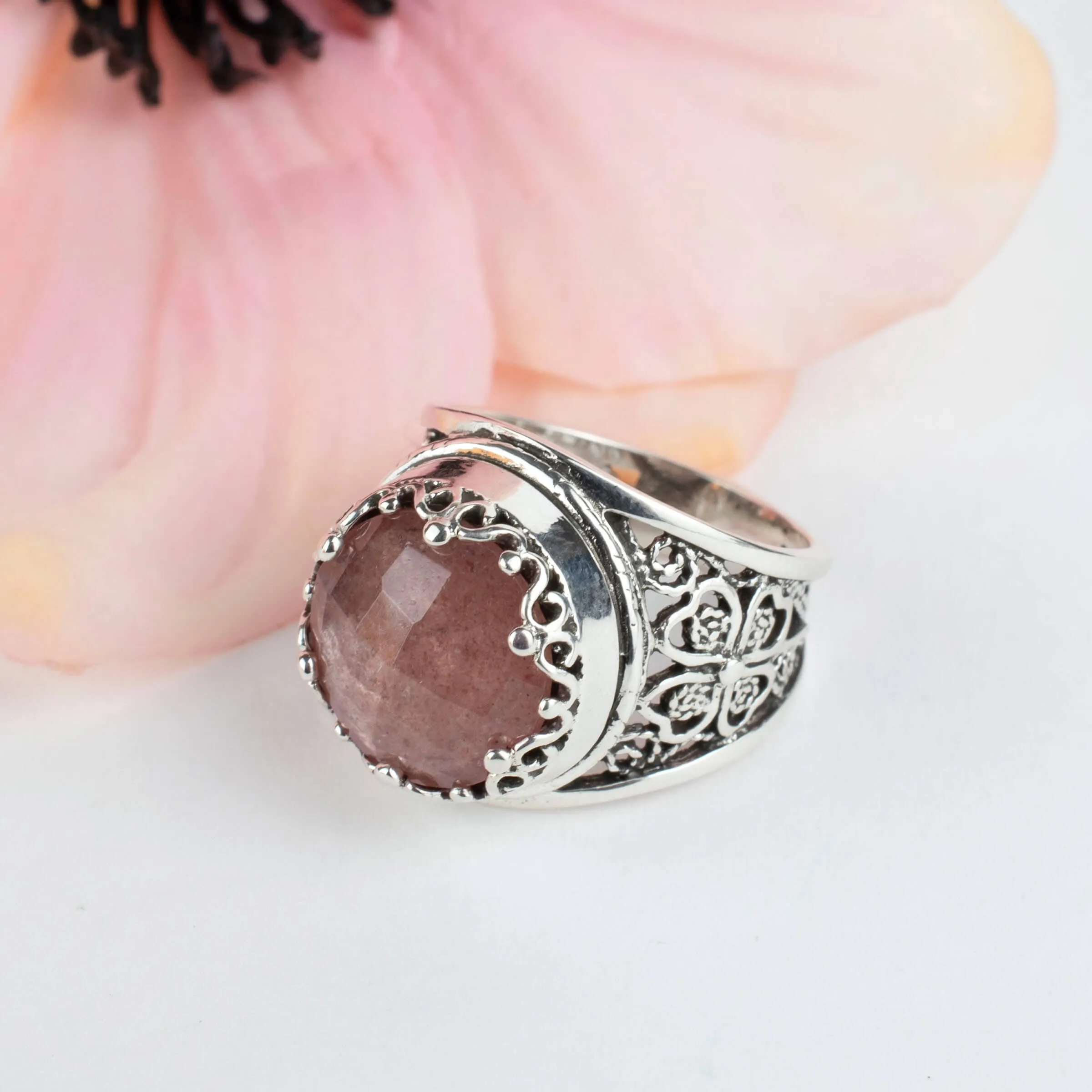 Cherry Quartz Filigree Crown Ring - Sterling Silver Statement Jewelry