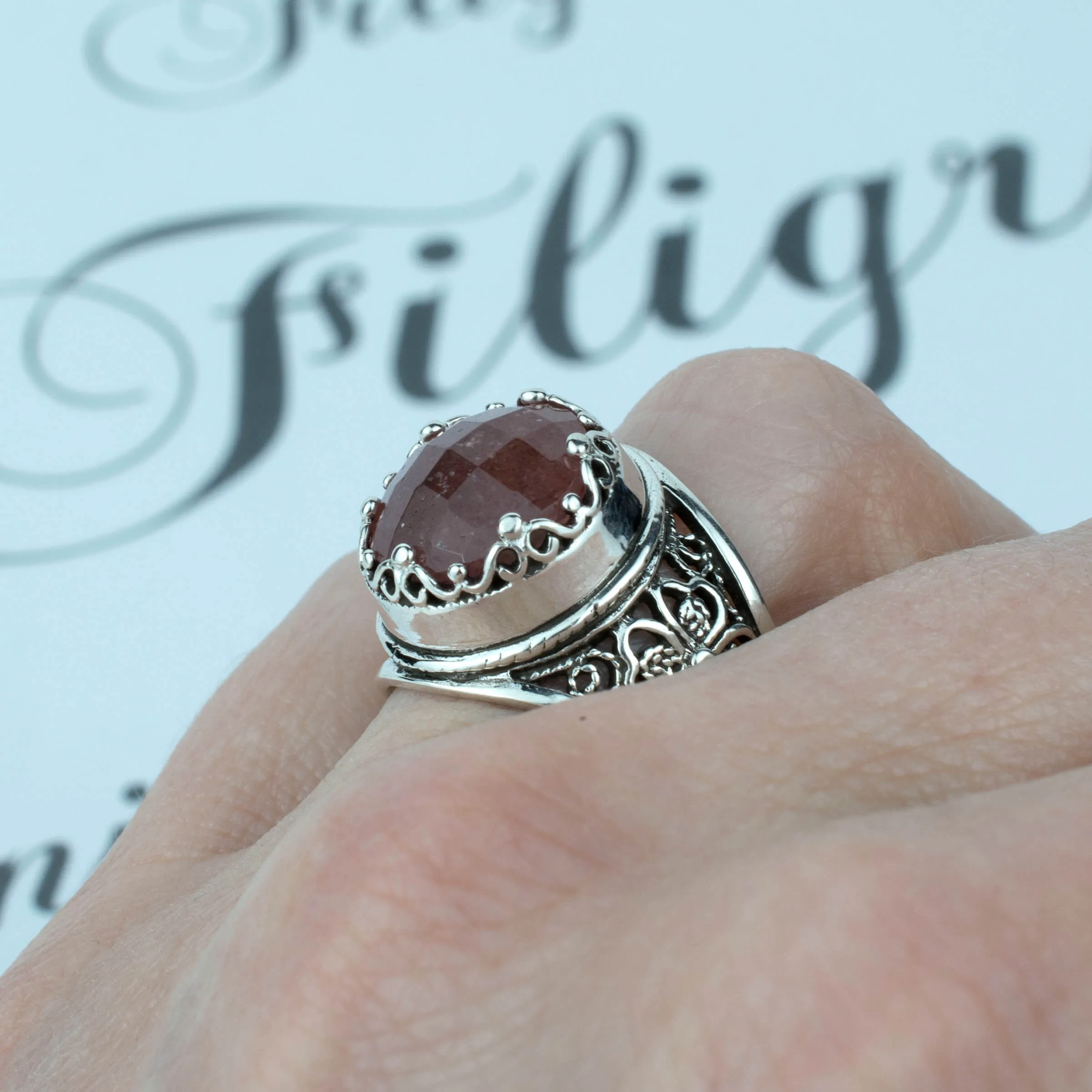 Cherry Quartz Filigree Crown Ring - Sterling Silver Statement Jewelry