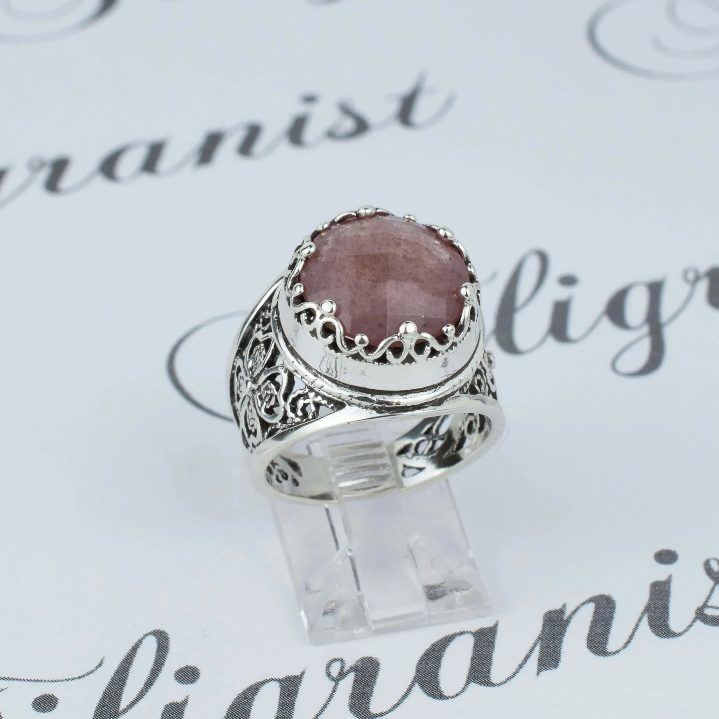 Cherry Quartz Filigree Crown Ring - Sterling Silver Statement Jewelry