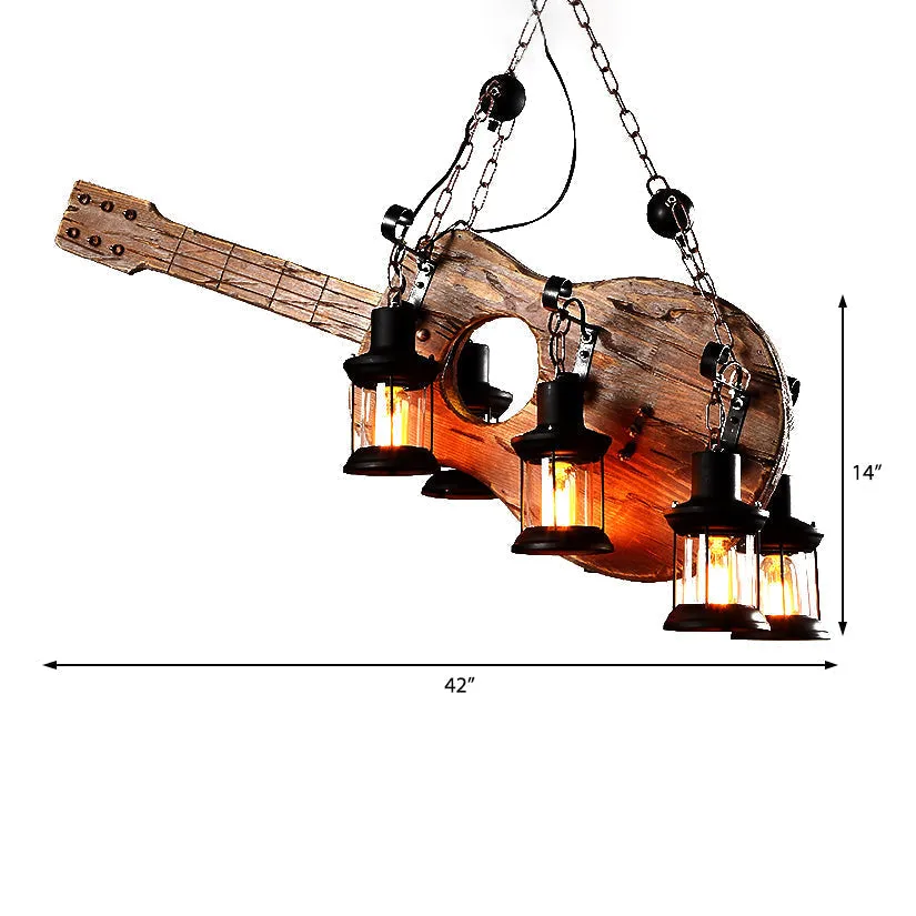 Coastal Brown Lantern Pendant Light with 6-Light Clear Glass Chandelier - Wood Accent for Living Room