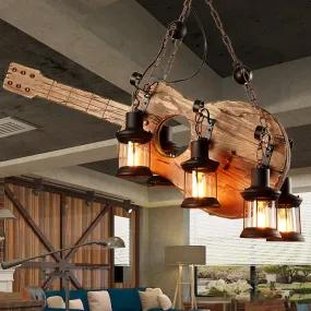 Coastal Brown Lantern Pendant Light with 6-Light Clear Glass Chandelier - Wood Accent for Living Room