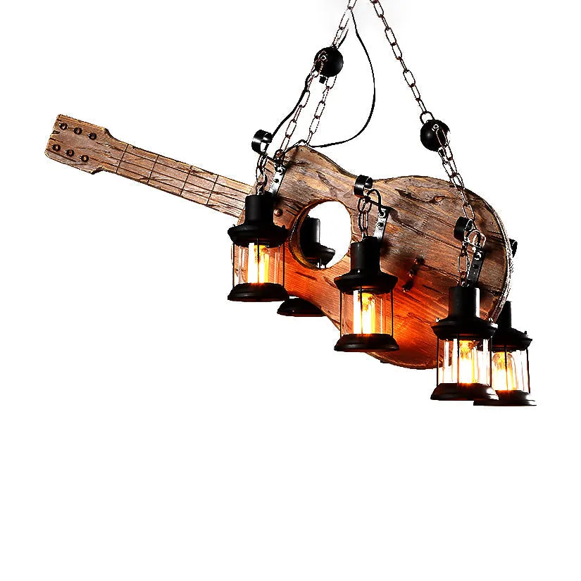 Coastal Brown Lantern Pendant Light with 6-Light Clear Glass Chandelier - Wood Accent for Living Room