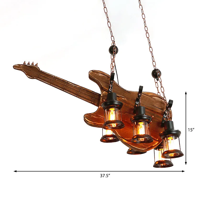 Coastal Brown Lantern Pendant Light with 6-Light Clear Glass Chandelier - Wood Accent for Living Room