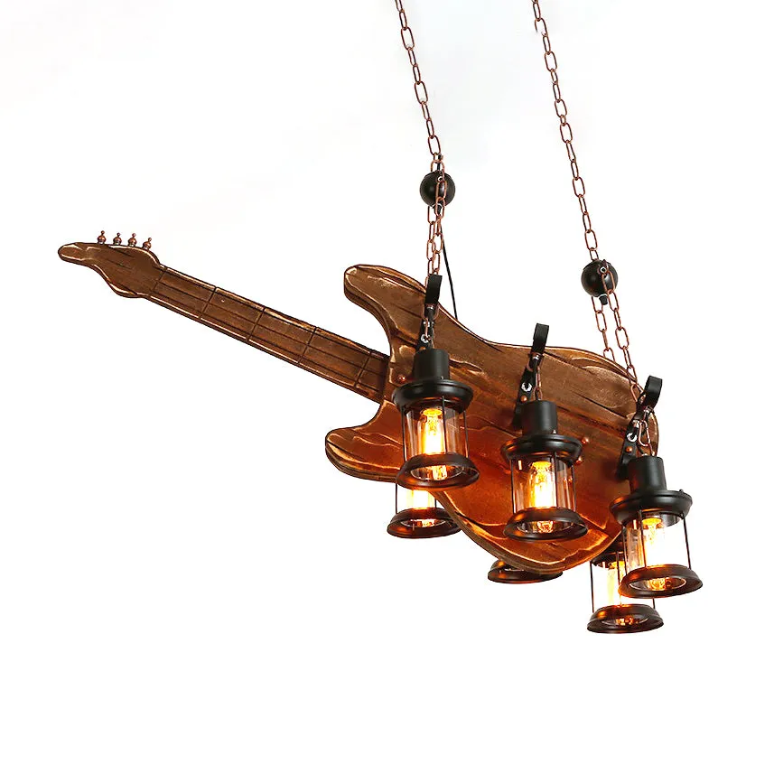 Coastal Brown Lantern Pendant Light with 6-Light Clear Glass Chandelier - Wood Accent for Living Room