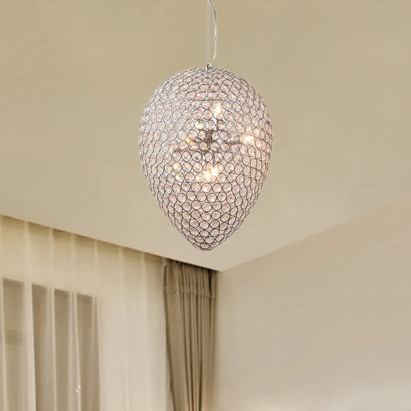 Contemporary Chrome Beaded Pendant Light with Teardrop Shade - Modern Crystal Chandelier Lamp