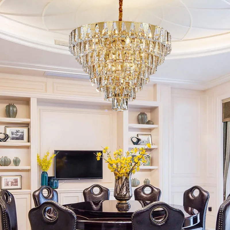 Contemporary Crystal Block Chandelier - 7 Tiers, 10 Lights - Gold Pendant Lighting