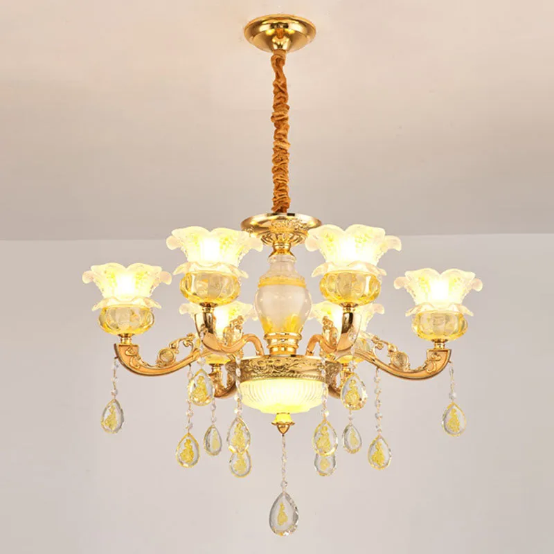 Contemporary Gold Chandelier - Floral K9 Crystal Drop Lamp for Bedroom