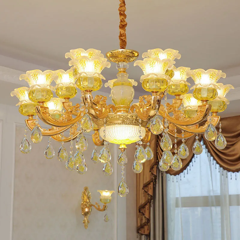 Contemporary Gold Chandelier - Floral K9 Crystal Drop Lamp for Bedroom