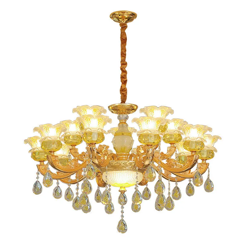 Contemporary Gold Chandelier - Floral K9 Crystal Drop Lamp for Bedroom