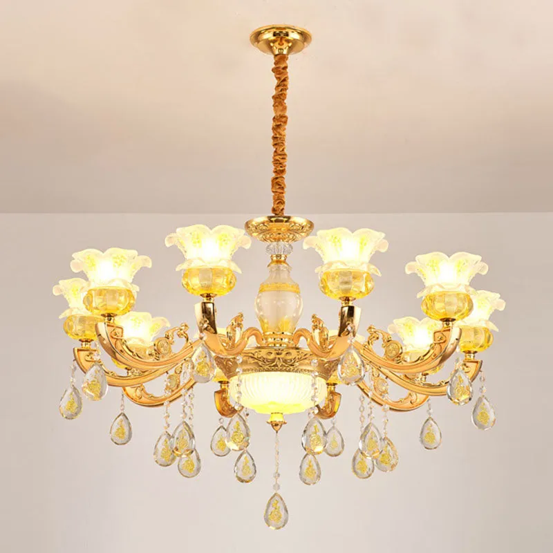 Contemporary Gold Chandelier - Floral K9 Crystal Drop Lamp for Bedroom