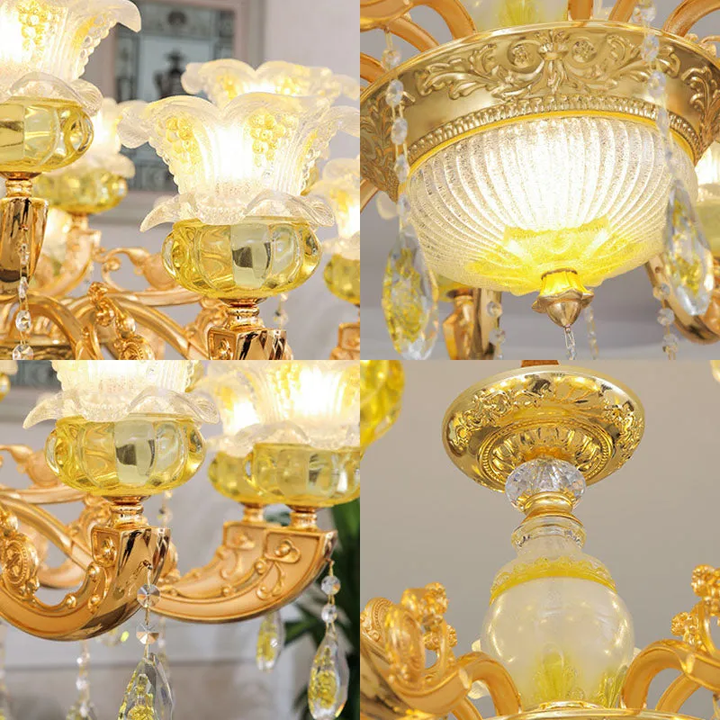 Contemporary Gold Chandelier - Floral K9 Crystal Drop Lamp for Bedroom