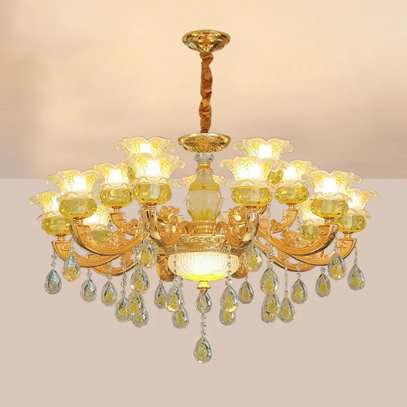 Contemporary Gold Chandelier - Floral K9 Crystal Drop Lamp for Bedroom