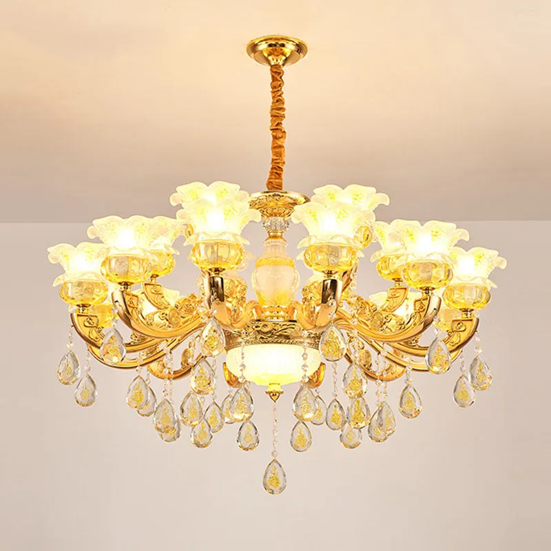 Contemporary Gold Chandelier - Floral K9 Crystal Drop Lamp for Bedroom