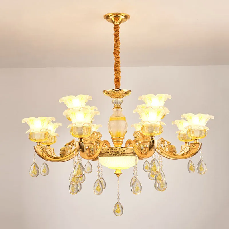 Contemporary Gold Chandelier - Floral K9 Crystal Drop Lamp for Bedroom