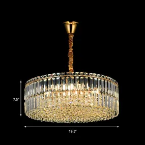 Contemporary Gold Drum Chandelier Light, 6/8 Lights, Rectangular-Cut Crystal, 19.5"/23.5" Wide