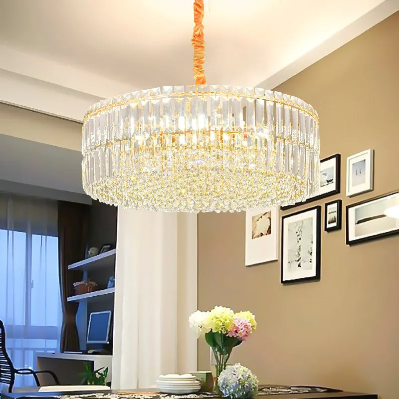 Contemporary Gold Drum Chandelier Light, 6/8 Lights, Rectangular-Cut Crystal, 19.5"/23.5" Wide