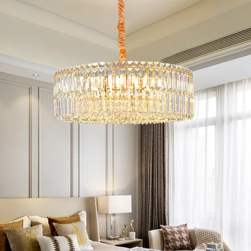 Contemporary Gold Drum Chandelier Light, 6/8 Lights, Rectangular-Cut Crystal, 19.5"/23.5" Wide