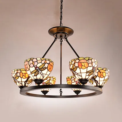 Dragonfly Glass Bowl Suspension Chandelier: Elegant 6-Light Indoor Lighting for Foyer