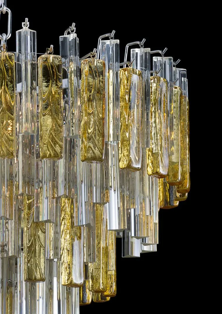 Elegant Large Mid-Century Chandelier With Clear And Amber Murano Glass Prisms