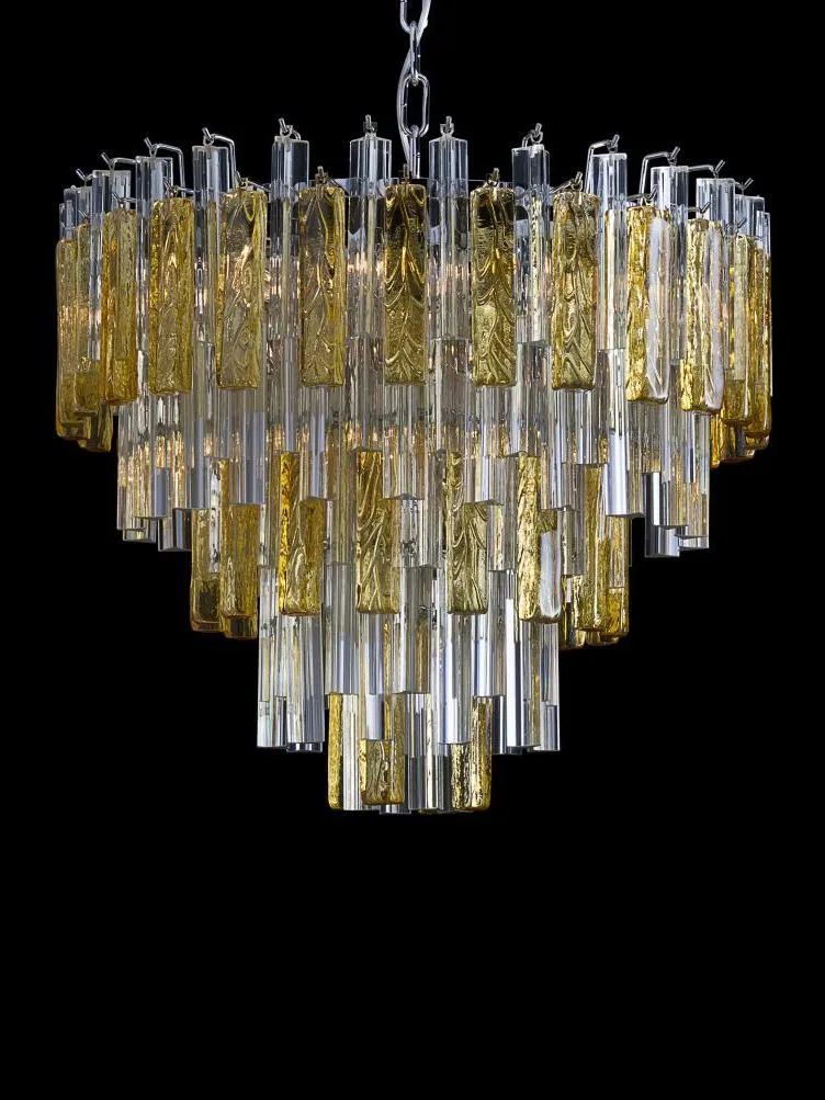 Elegant Large Mid-Century Chandelier With Clear And Amber Murano Glass Prisms
