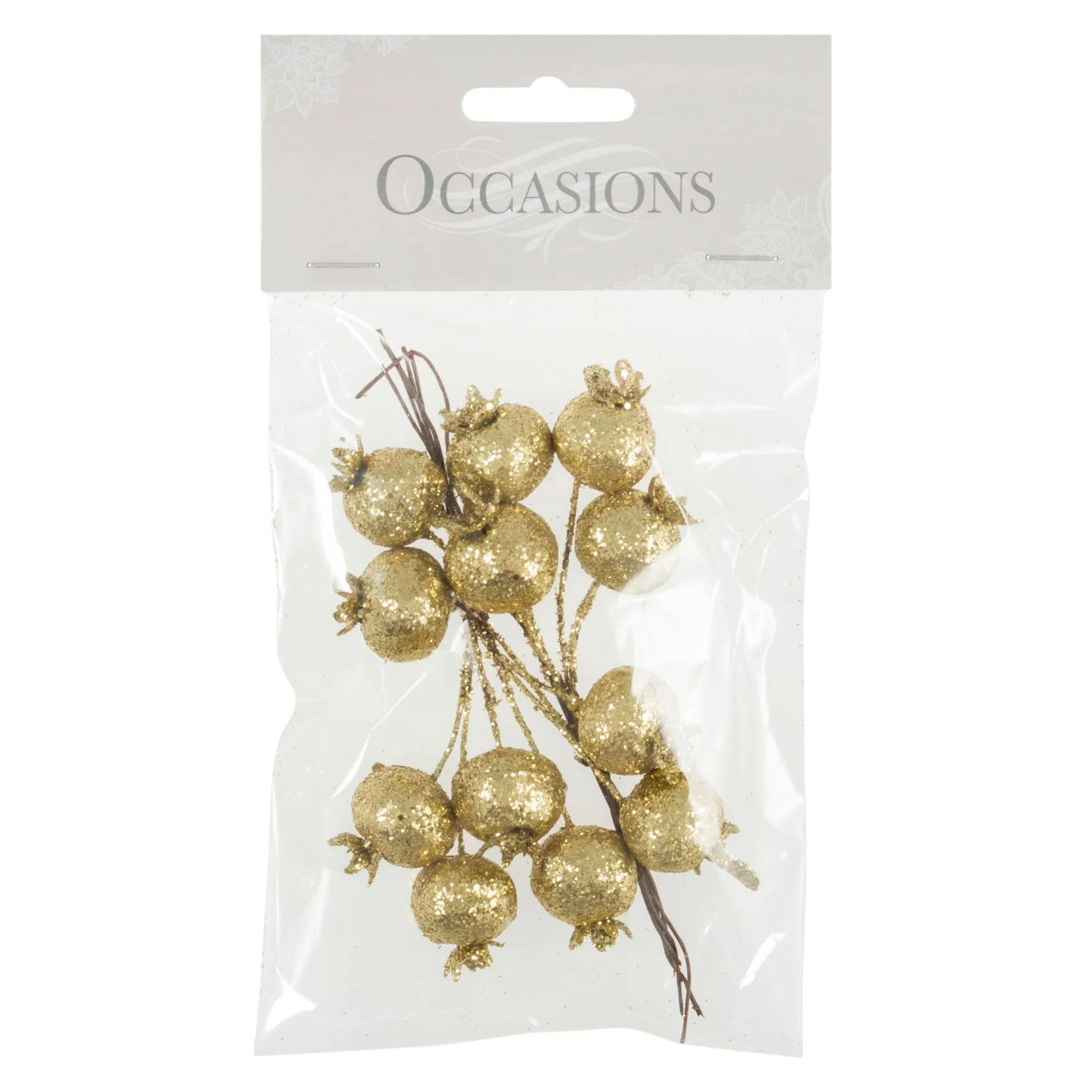 Glitter Pomegranates on Wire: 2 Bunches of 6: GOLD