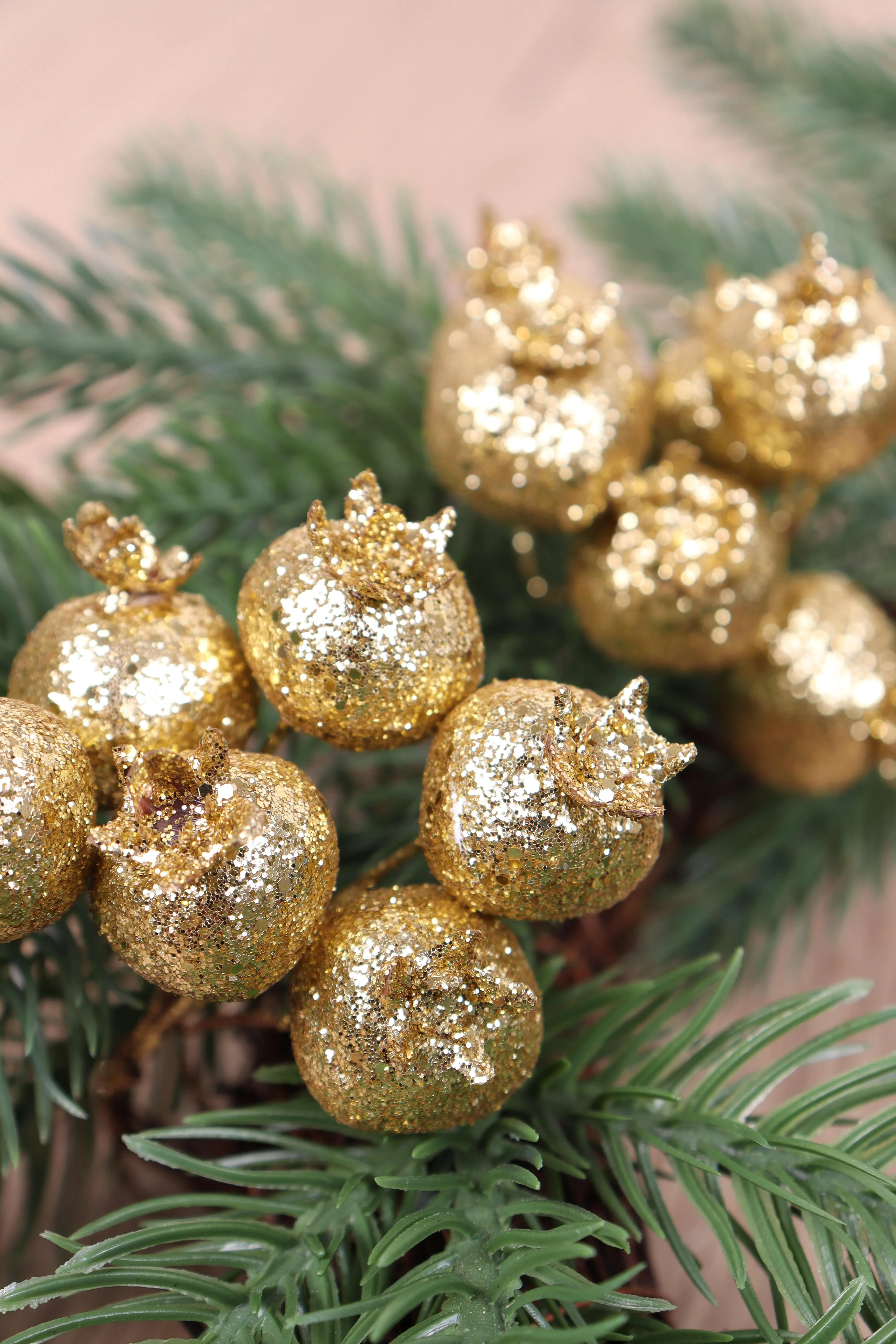 Glitter Pomegranates on Wire: 2 Bunches of 6: GOLD