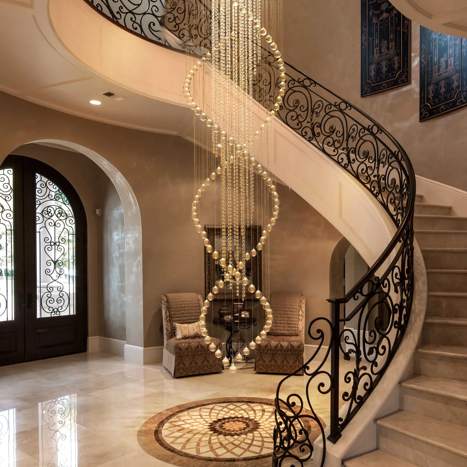 Glowlings 10-Light 98"H Luxury Double Spiral Raindrop Crystal Foyer Chandelier For High Ceilings