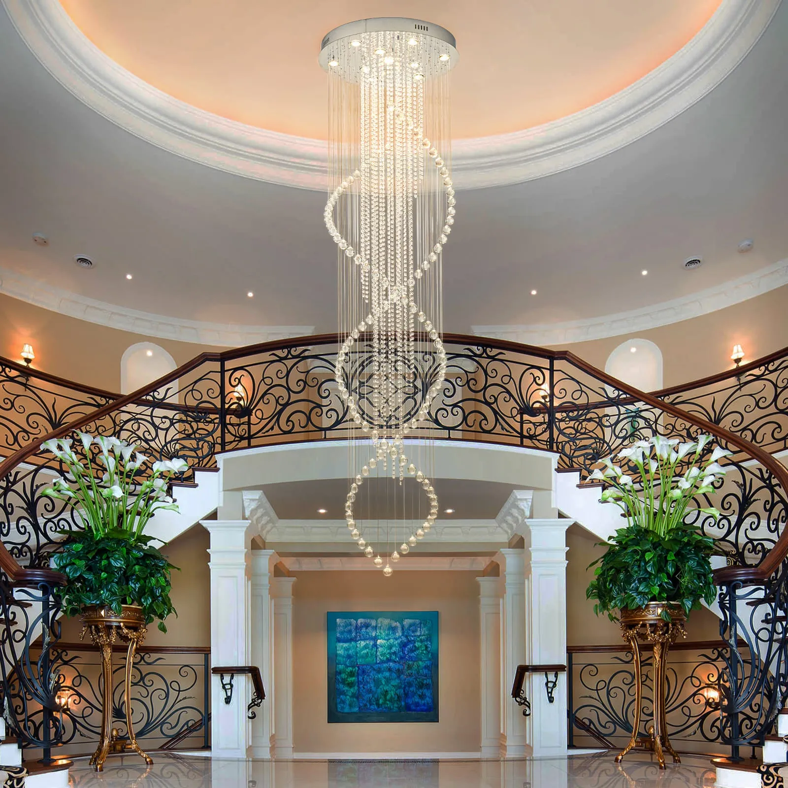 Glowlings 10-Light 98"H Luxury Double Spiral Raindrop Crystal Foyer Chandelier For High Ceilings