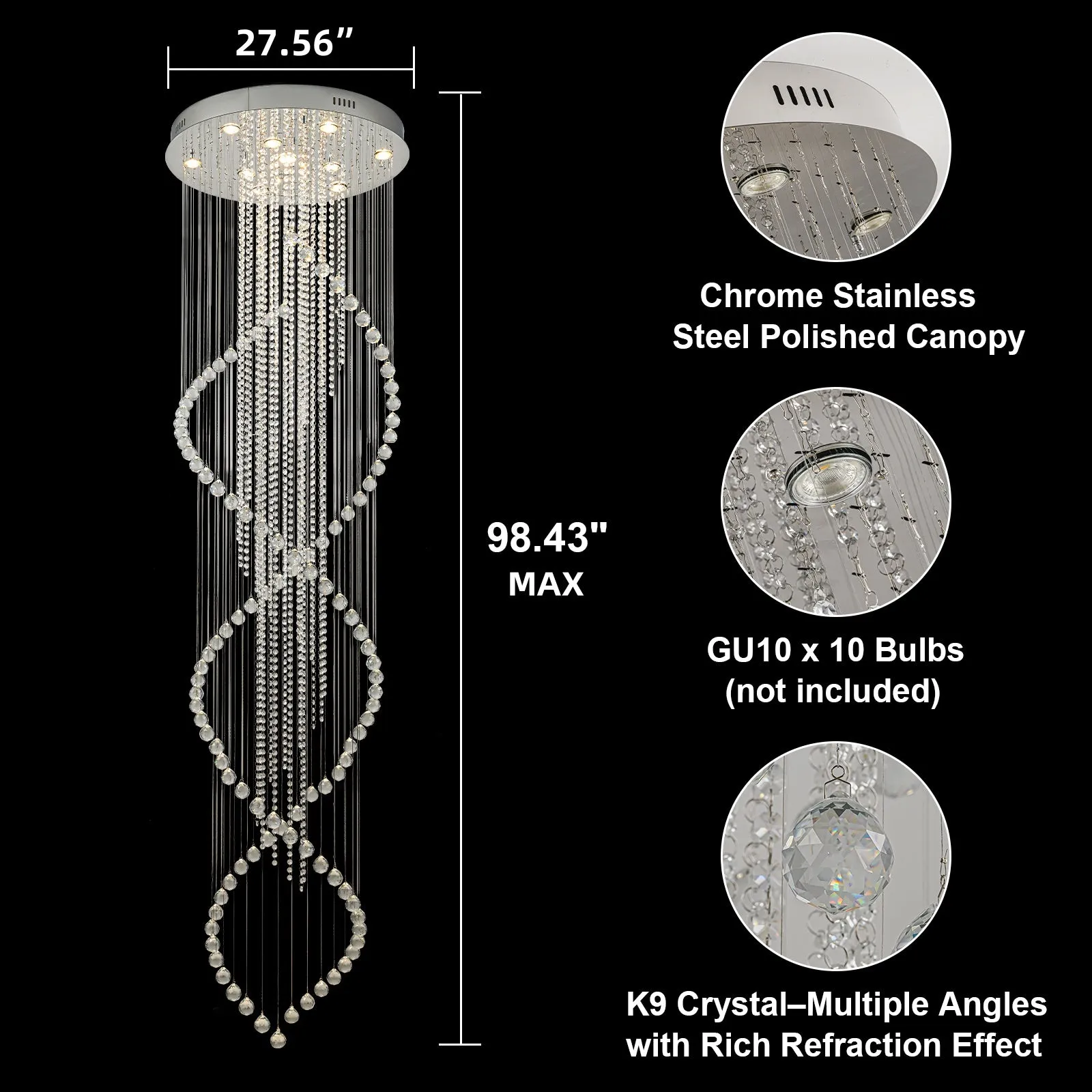Glowlings 10-Light 98"H Luxury Double Spiral Raindrop Crystal Foyer Chandelier For High Ceilings