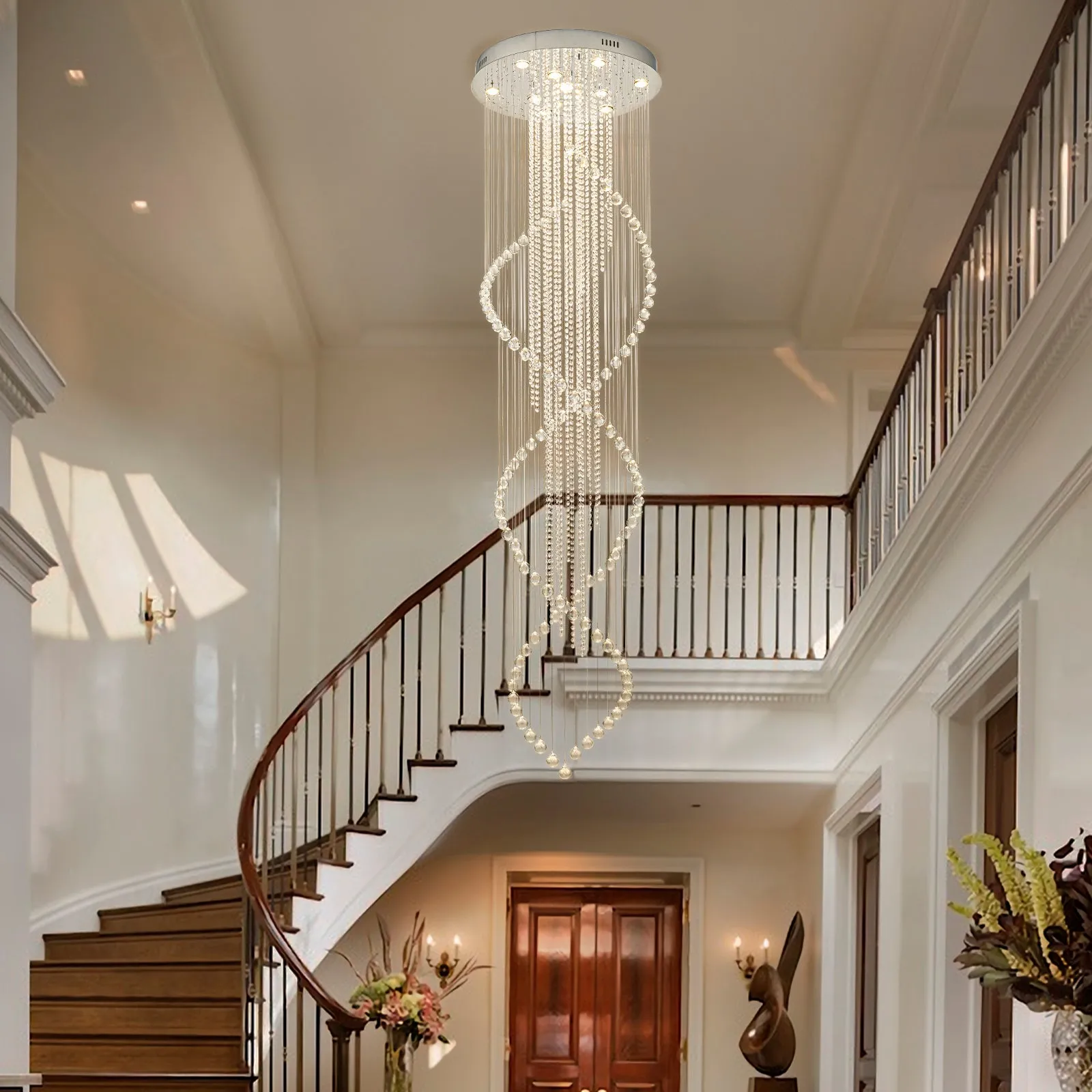Glowlings 10-Light 98"H Luxury Double Spiral Raindrop Crystal Foyer Chandelier For High Ceilings