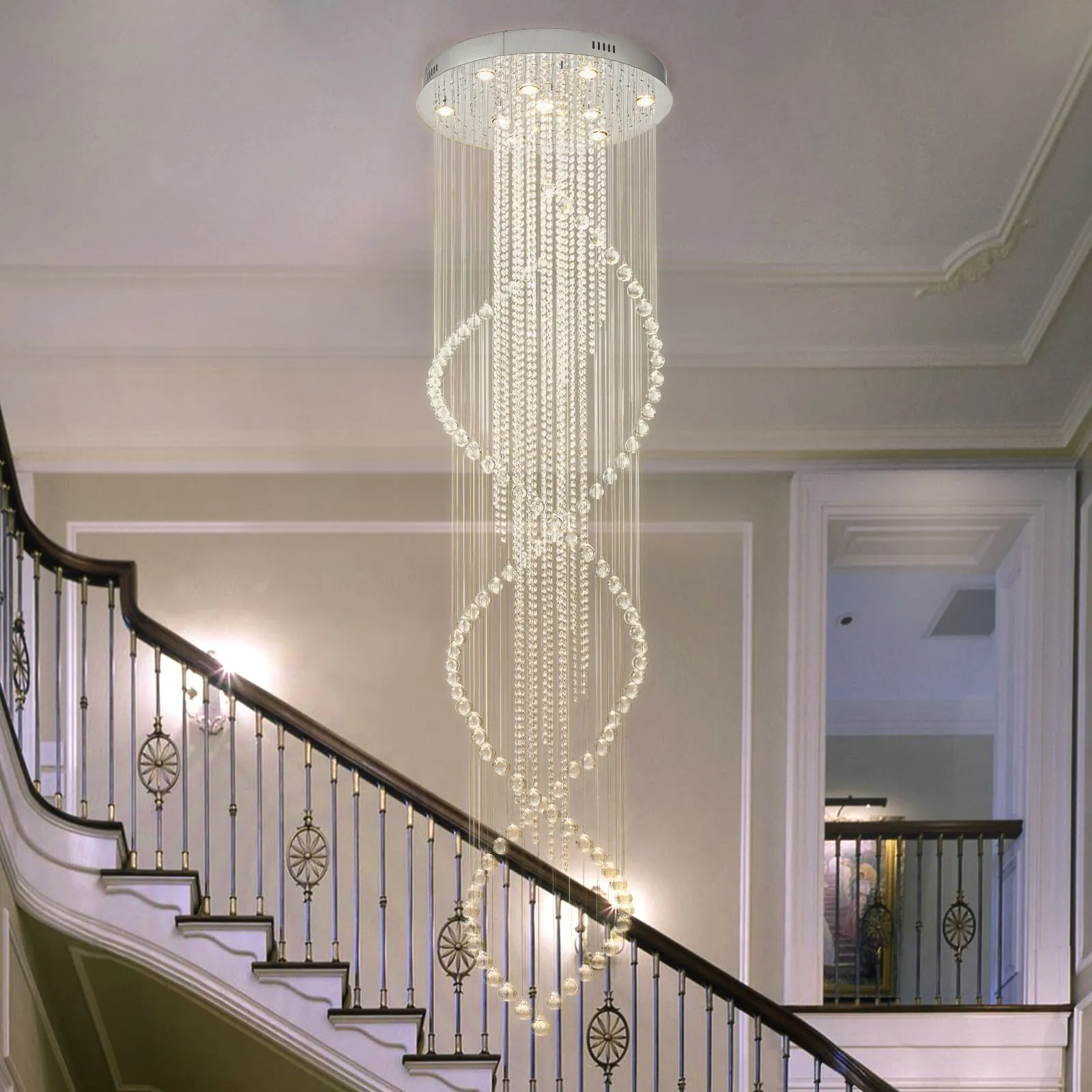 Glowlings 10-Light 98"H Luxury Double Spiral Raindrop Crystal Foyer Chandelier For High Ceilings