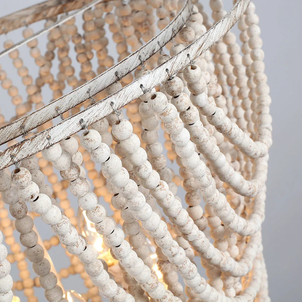 Glowlings 5-Light Empire Aged White Bohemian Boho Wood Bead Chandelier