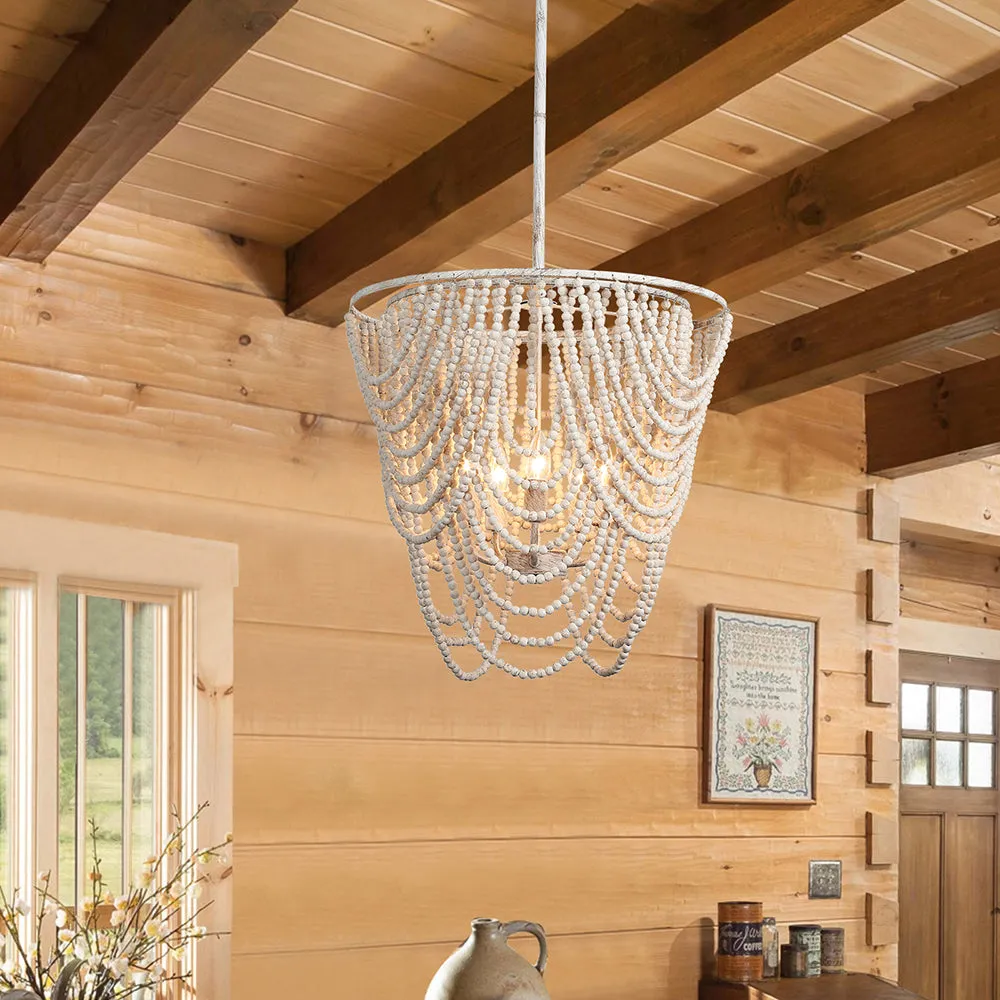 Glowlings 5-Light Empire Aged White Bohemian Boho Wood Bead Chandelier
