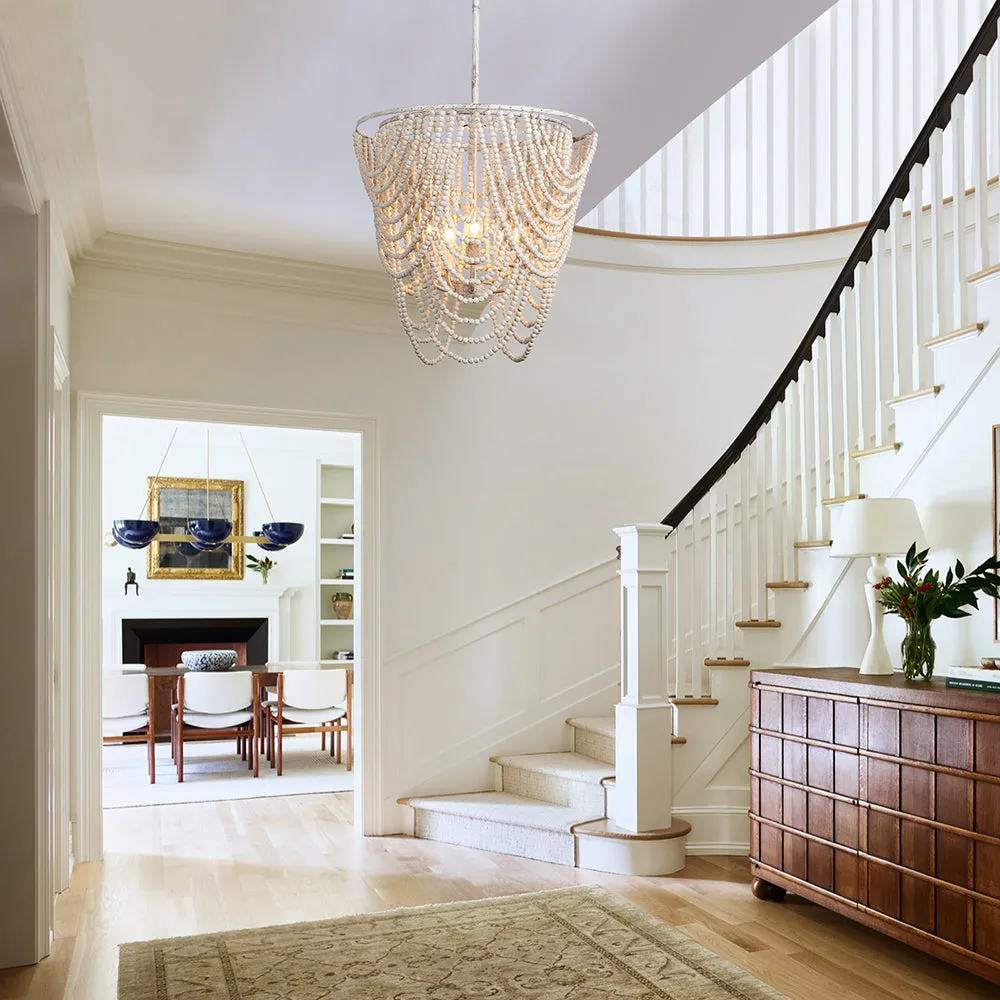 Glowlings 5-Light Empire Aged White Bohemian Boho Wood Bead Chandelier