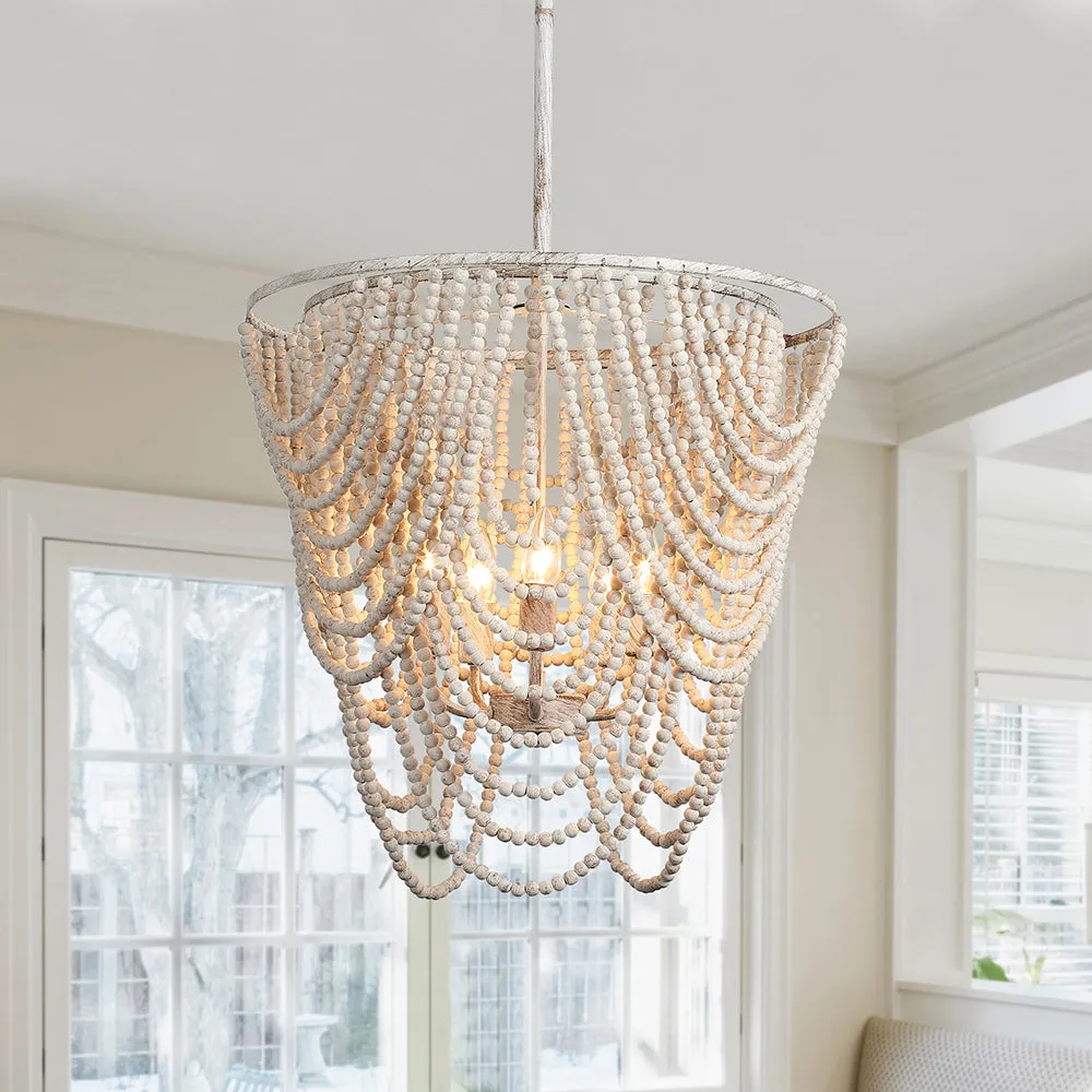 Glowlings 5-Light Empire Aged White Bohemian Boho Wood Bead Chandelier