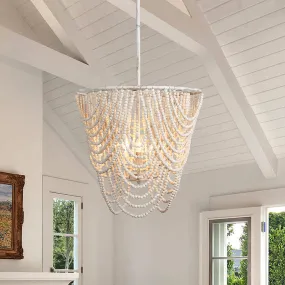 Glowlings 5-Light Empire Aged White Bohemian Boho Wood Bead Chandelier
