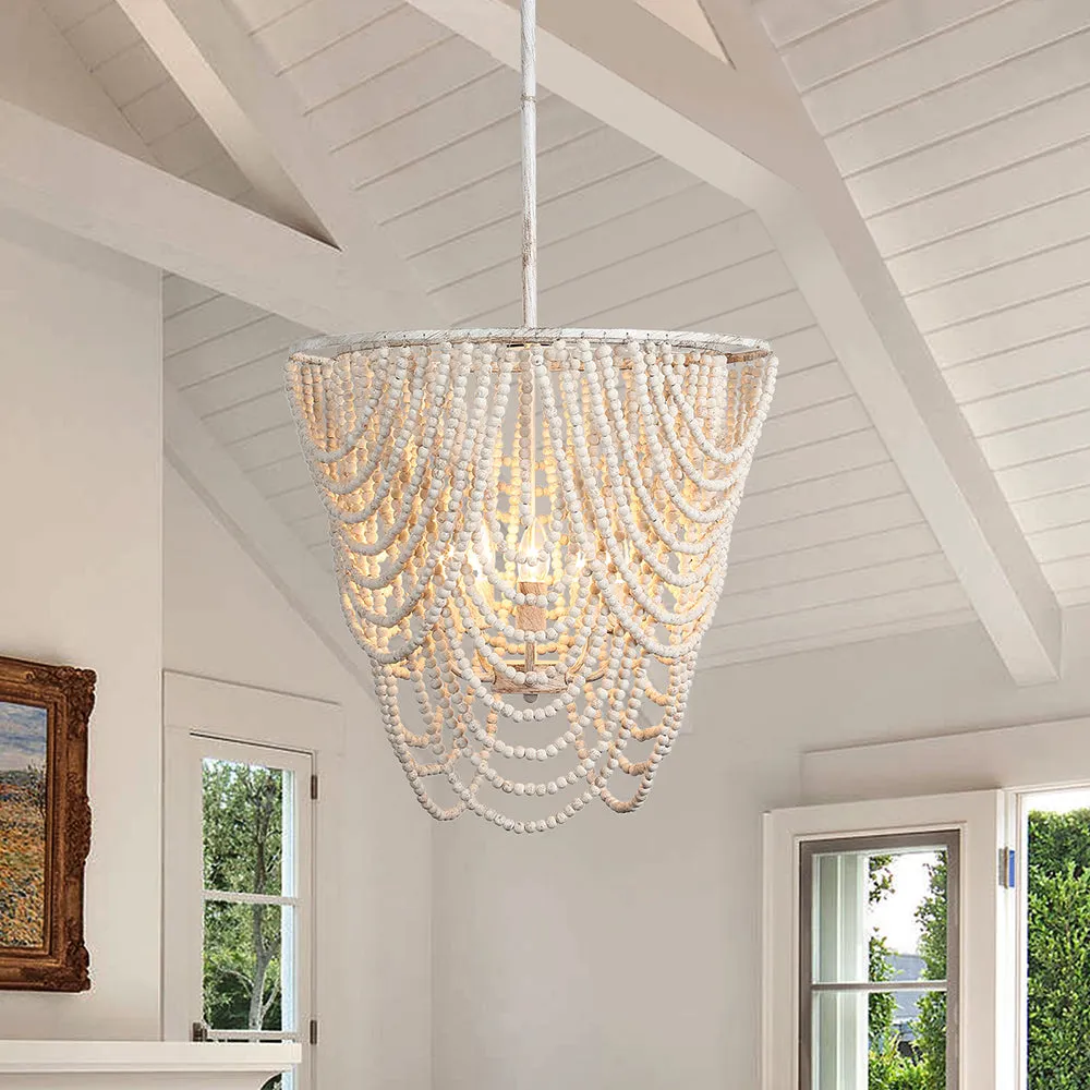 Glowlings 5-Light Empire Aged White Bohemian Boho Wood Bead Chandelier