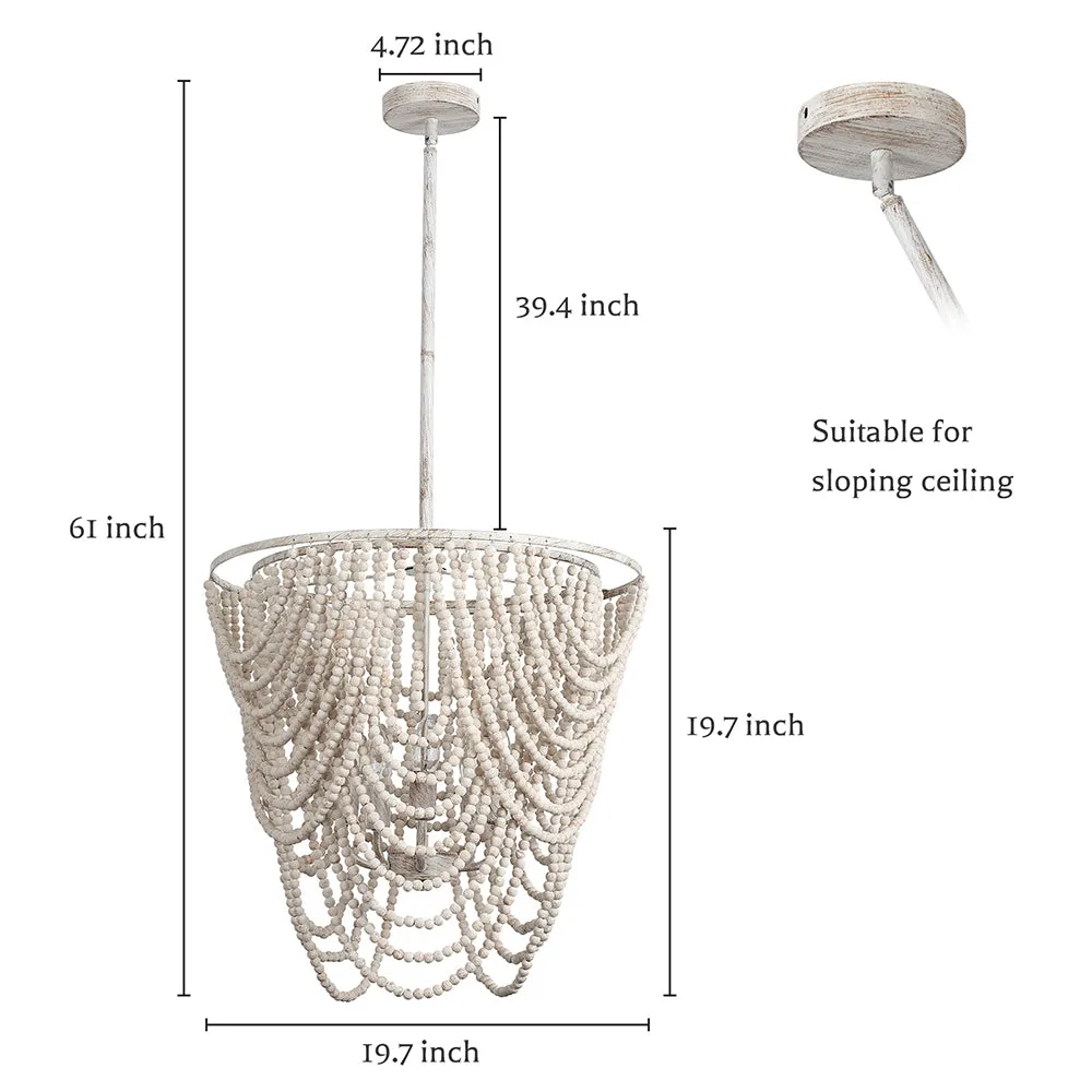 Glowlings 5-Light Empire Aged White Bohemian Boho Wood Bead Chandelier