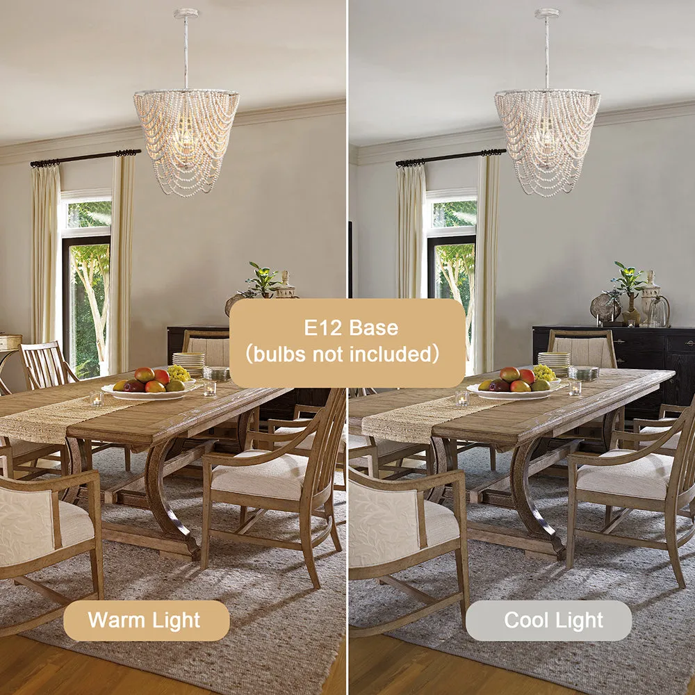 Glowlings 5-Light Empire Aged White Bohemian Boho Wood Bead Chandelier