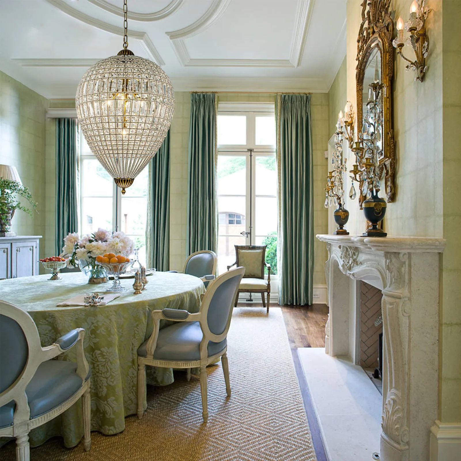 Glowlings 5-Light French Vintage Hanging Gold Oval Crystal Chandelier