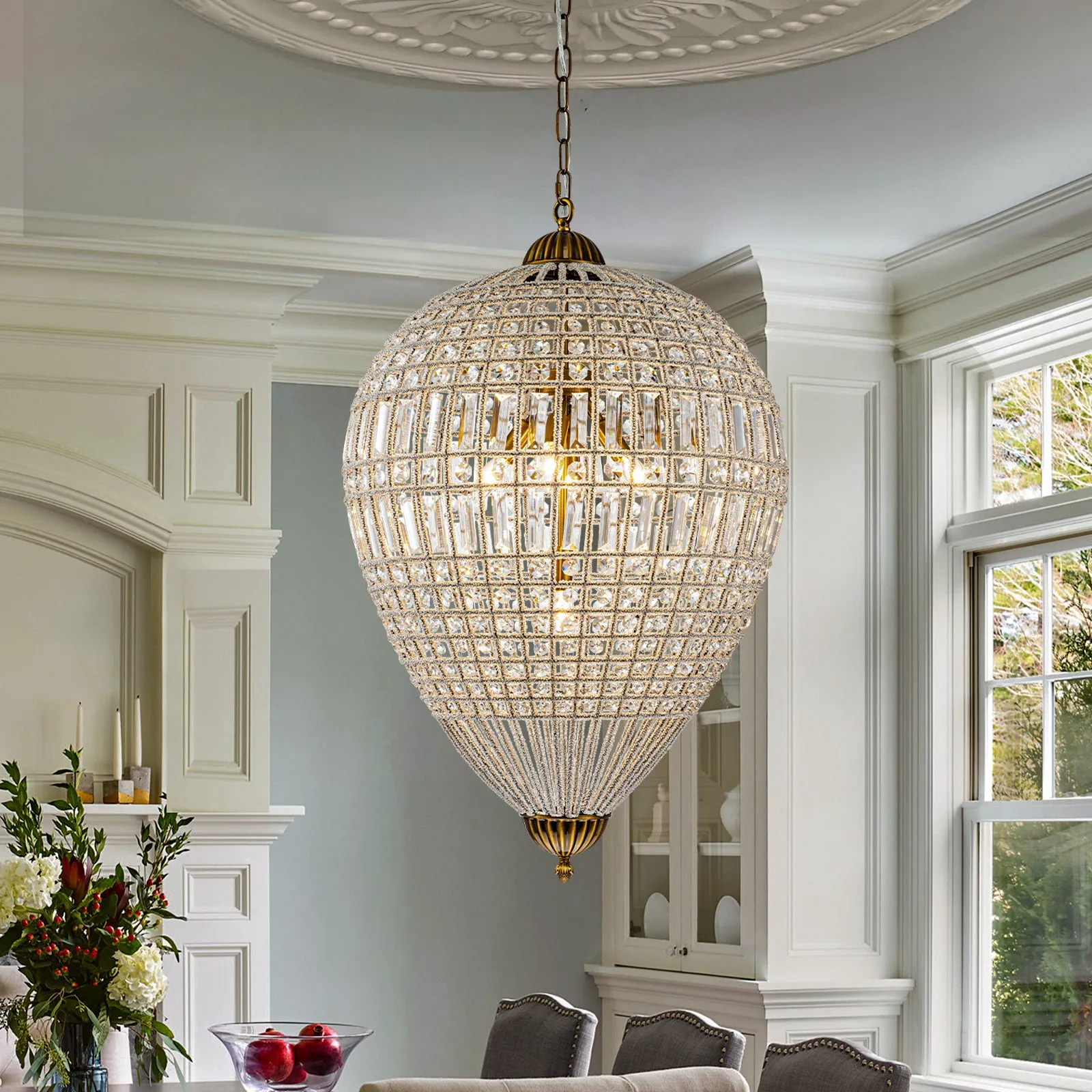 Glowlings 5-Light French Vintage Hanging Gold Oval Crystal Chandelier